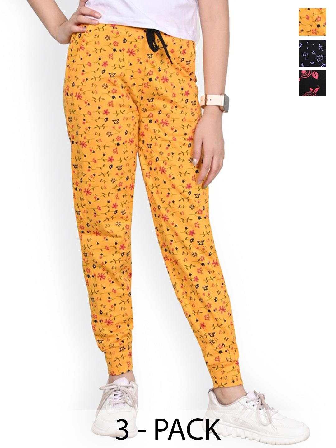

BAESD Girls Printed Pack Of 3 Pure Cotton Joggers, Yellow
