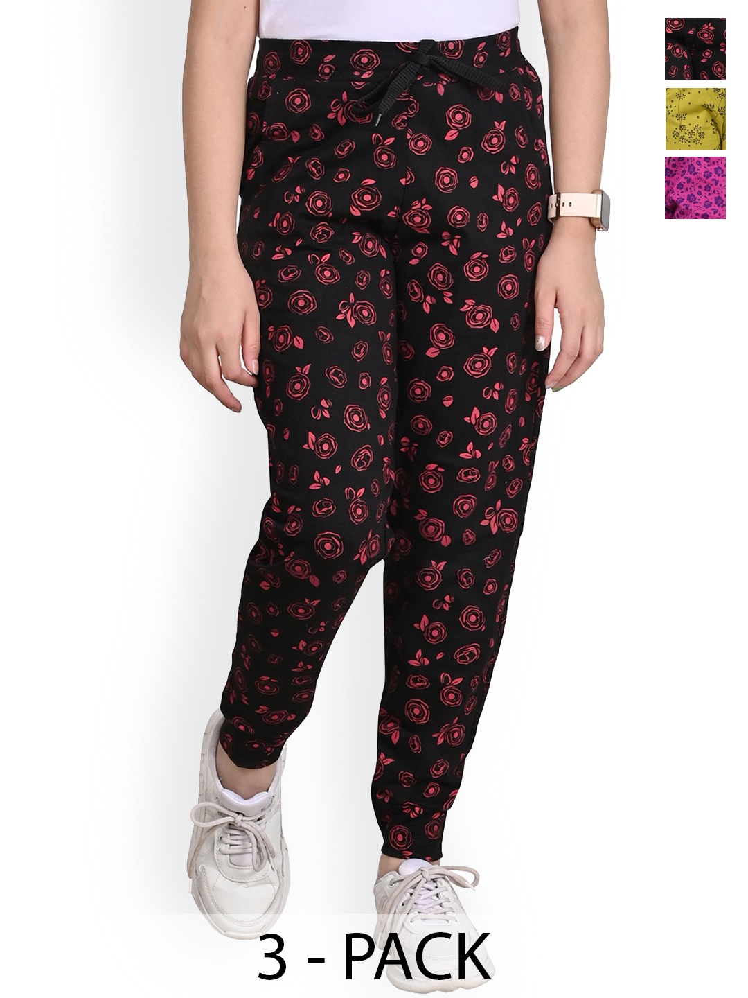 

BAESD Girls Printed Pack Of 3 Pure Cotton Joggers, Pink