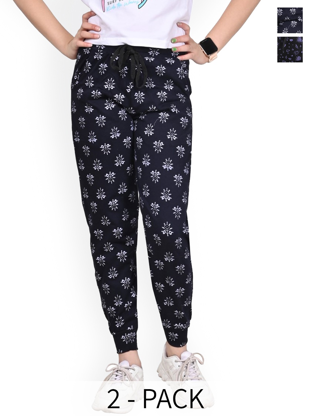 

BAESD Girls Printed Pack Of 2 Pure Cotton Joggers, Black