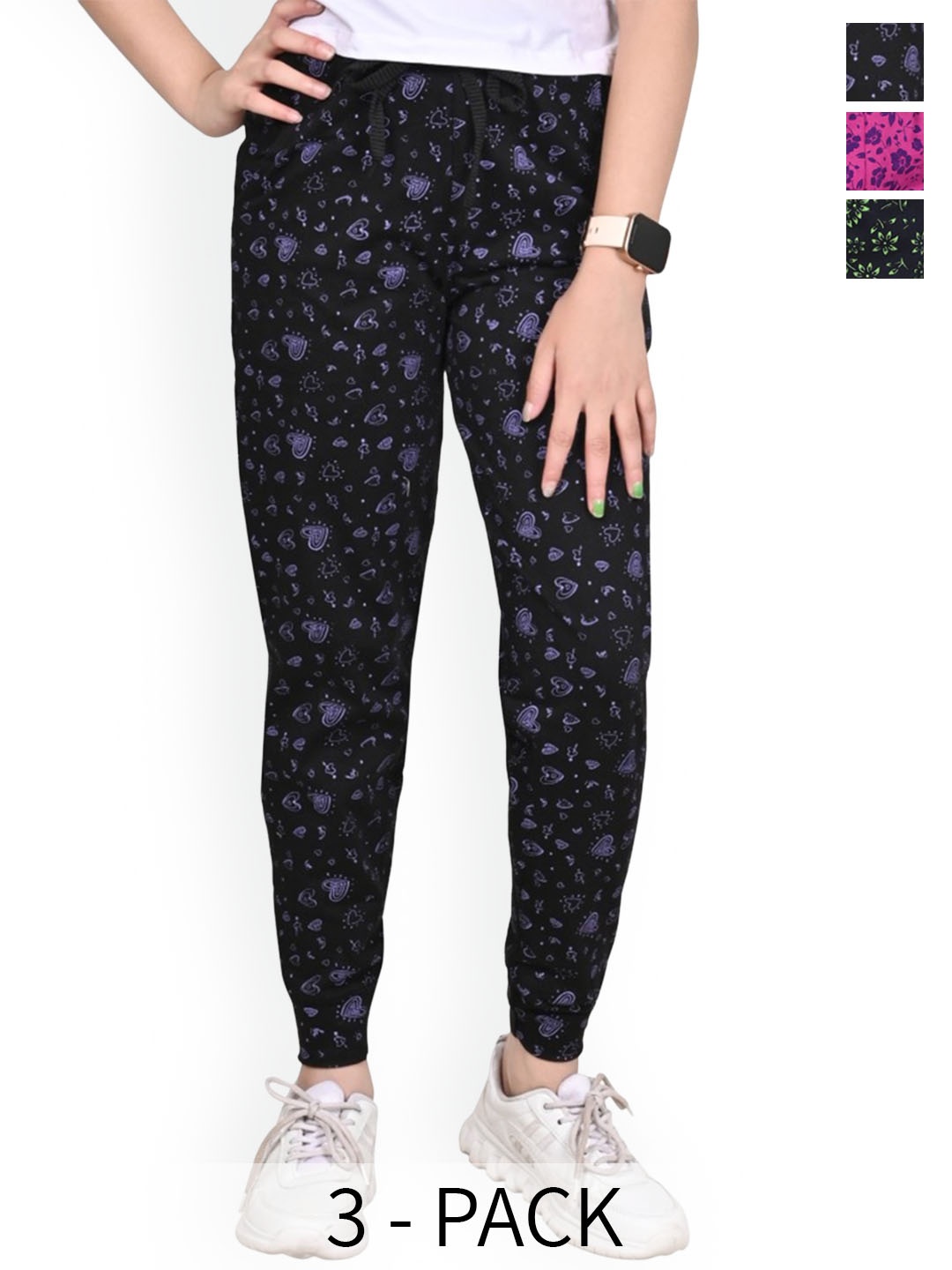 

BAESD Girls Printed Pack Of 3 Pure Cotton Joggers, Black