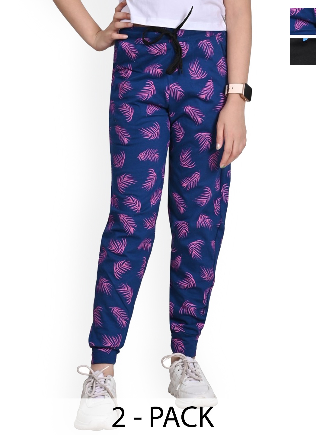 

BAESD Girls Tropical Printed Pack Of 2 Pure Cotton Joggers, Black