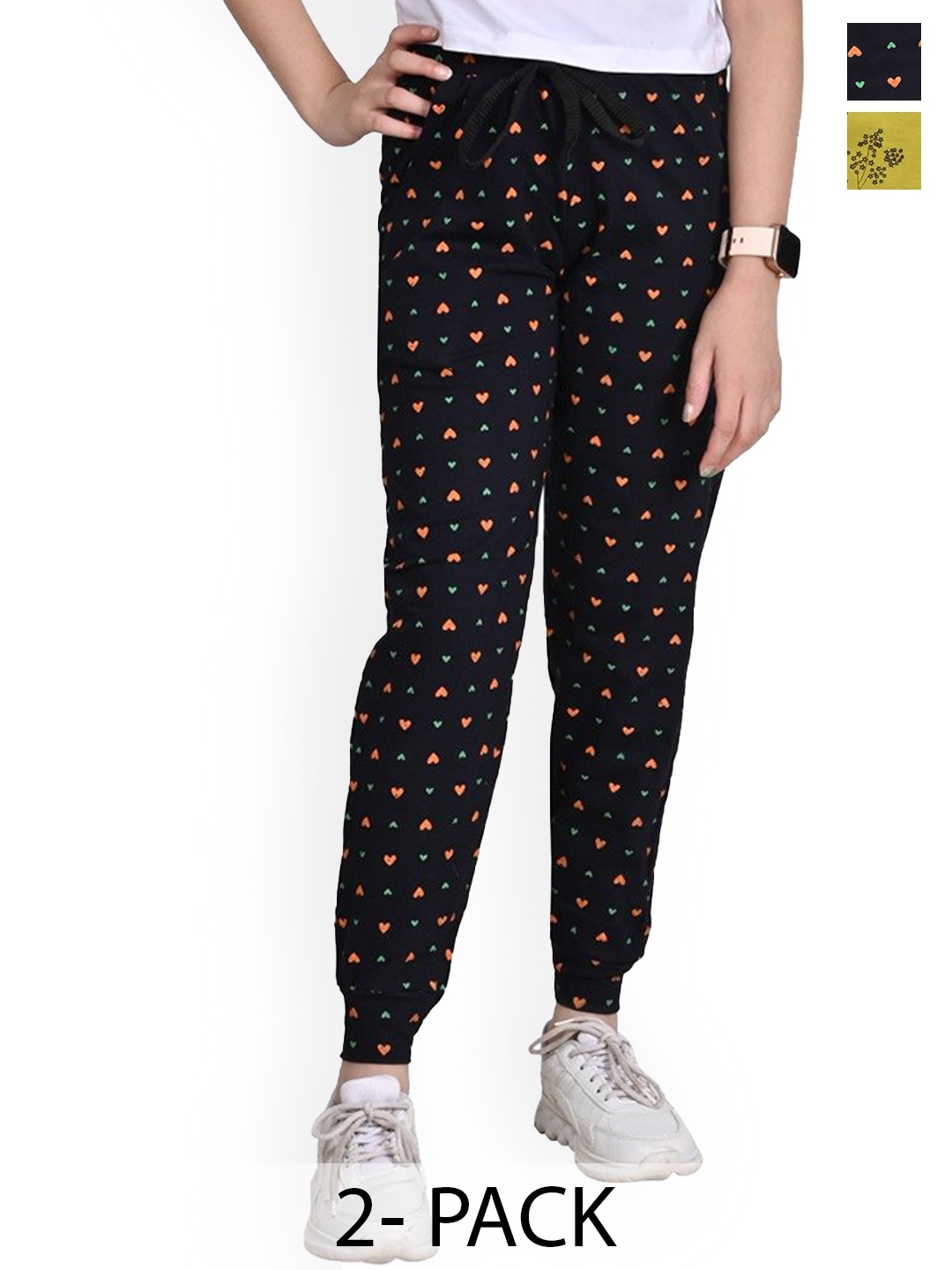 

BAESD Girls Printed Pack Of 2 Pure Cotton Joggers, Black