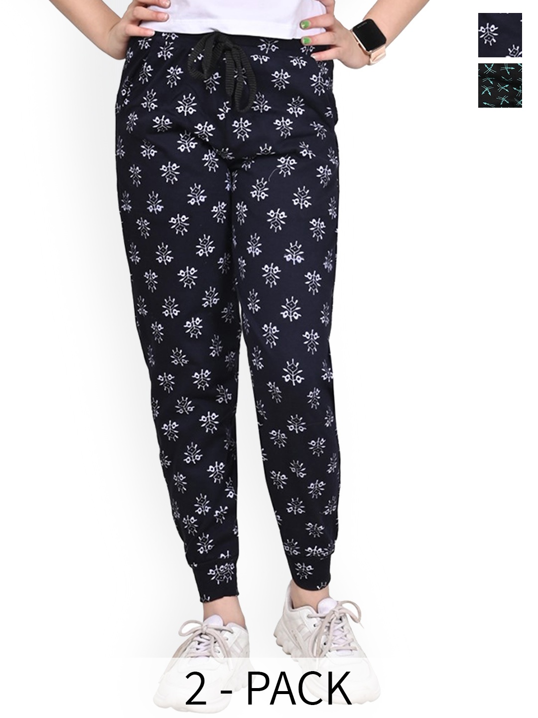 

BAESD Girls Pack of 2 Printed Mid-Rise Pure Cotton Track Pants, Black