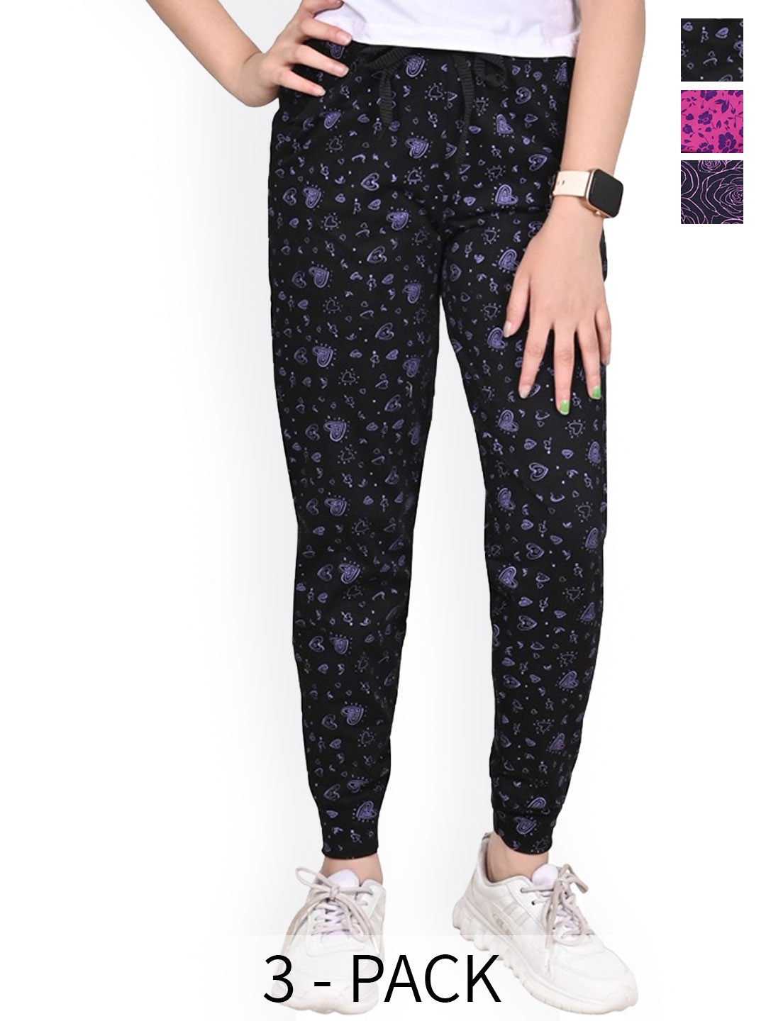 

BAESD Girls Pack Of 3 Floral Printed Pure Cotton Joggers, Pink