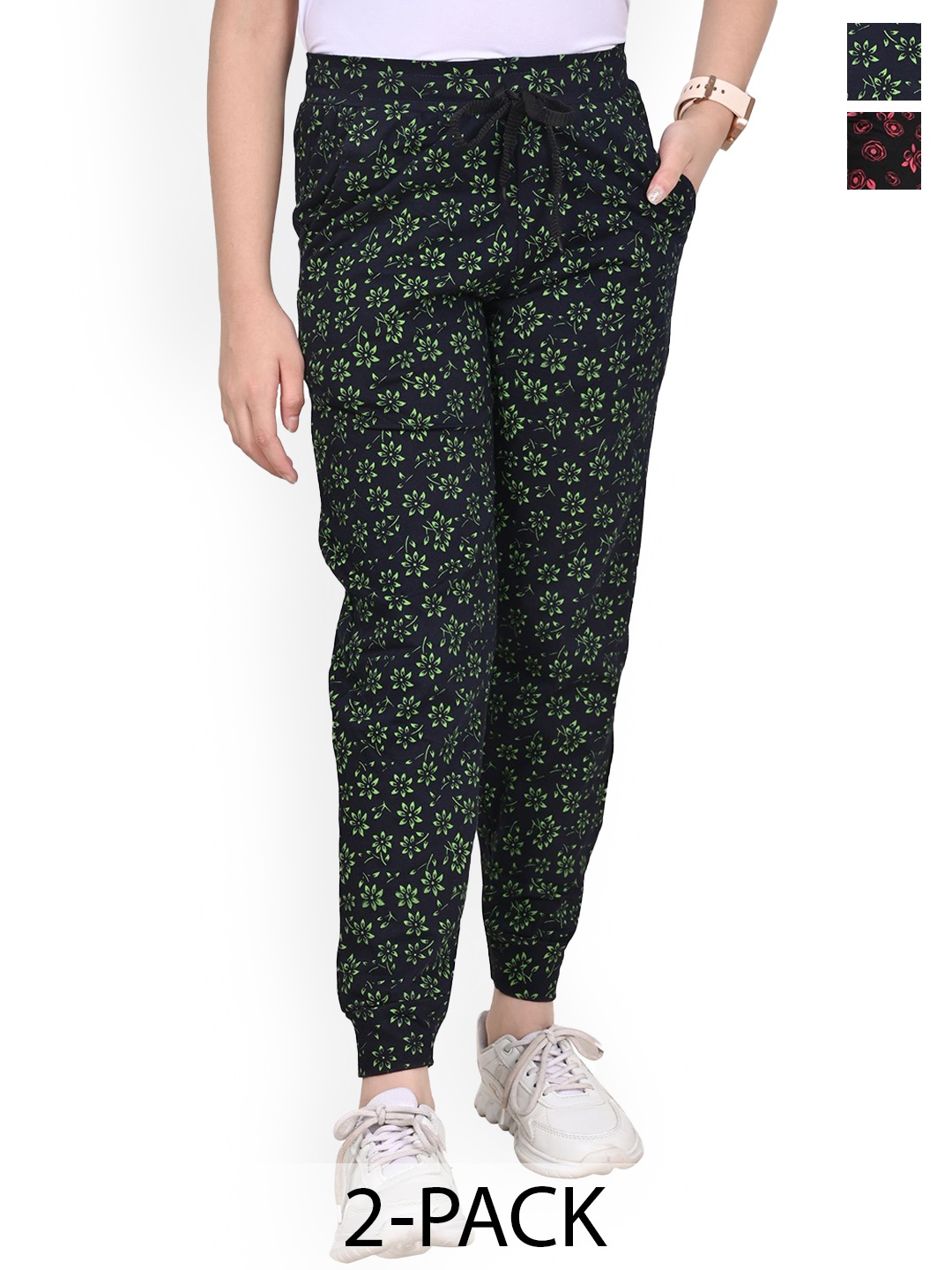 

BAESD Girls Pack of 2 Floral Printed Mid-Rise Pure Cotton Joggers, Black