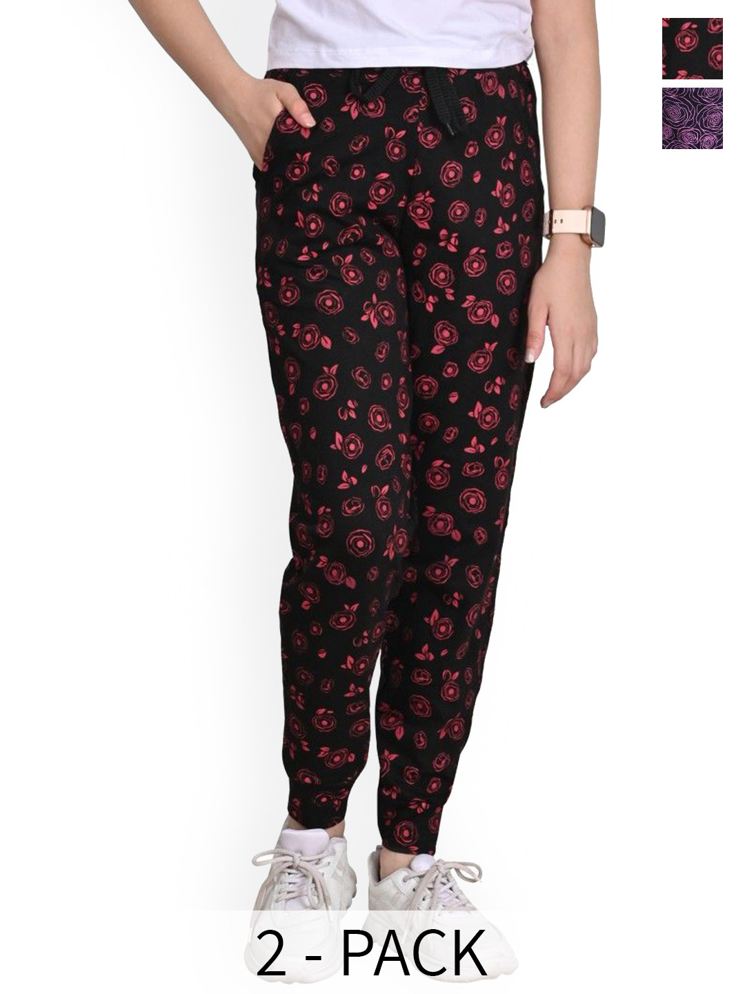 

BAESD Girls Pack Of 2 Floral Printed Pure Cotton Joggers, Black