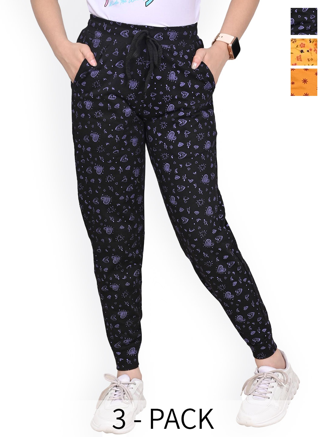 

BAESD Girls Pack Of 3 Floral Printed Pure Cotton Joggers, Yellow