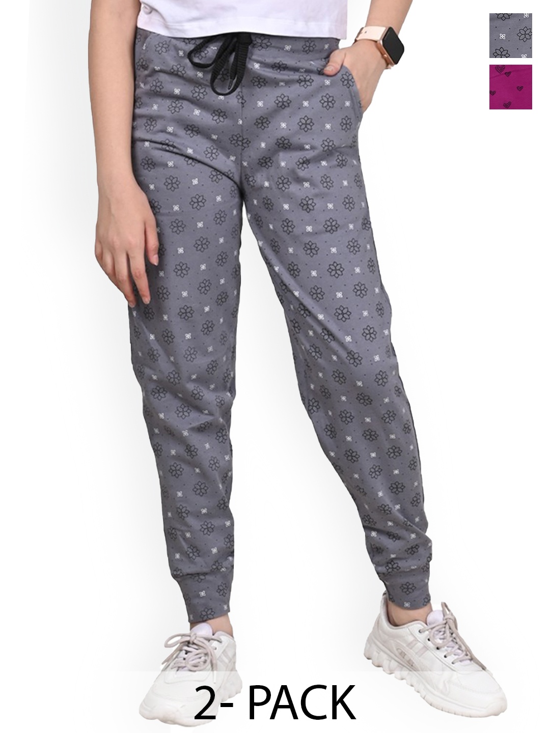 

BAESD Girls Pack Of 2 Floral Printed Pure Cotton Joggers Track Pants, Grey