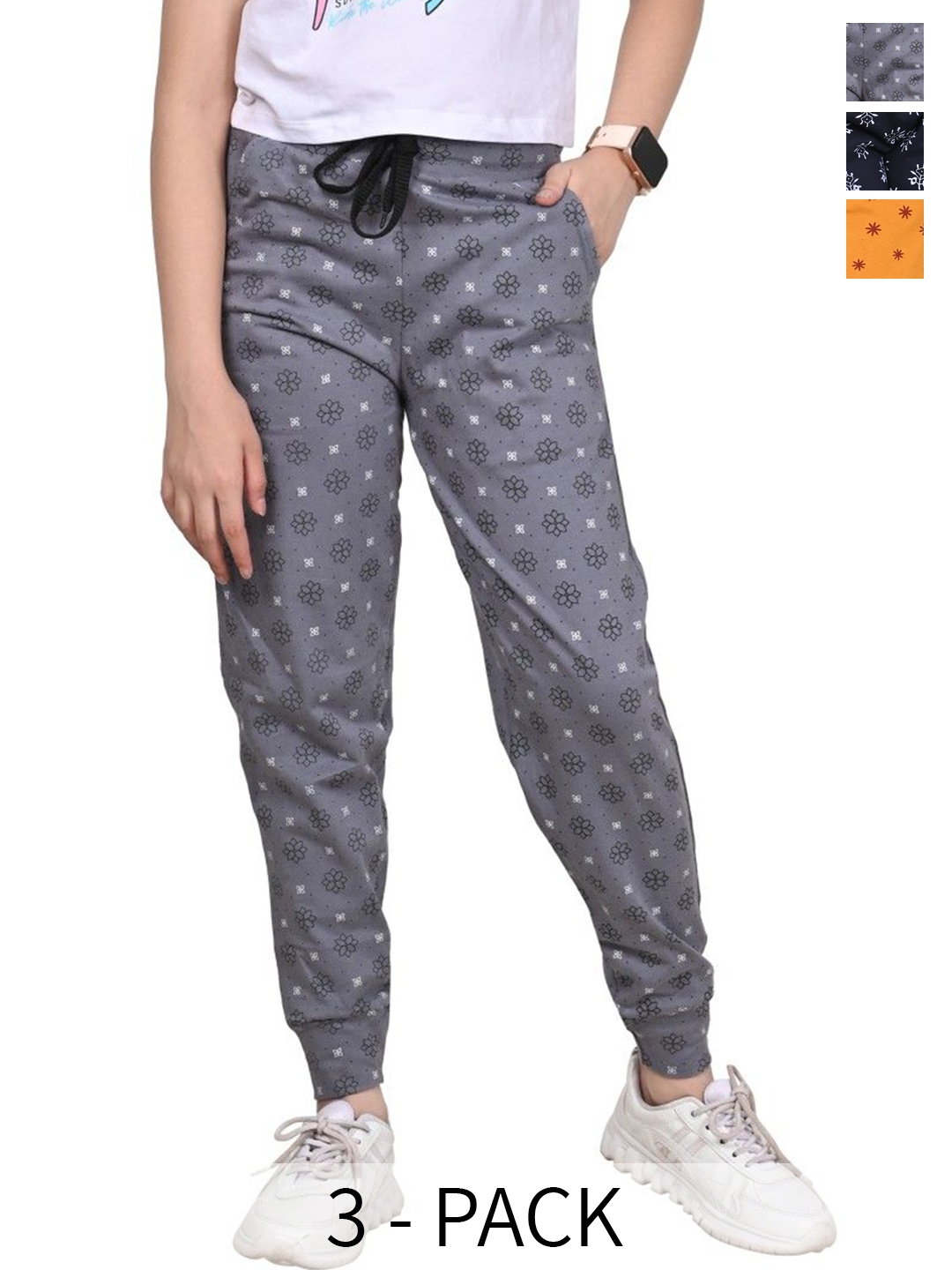 

BAESD Girls Pack of 3 Floral Printed Pure Cotton Joggers, Grey