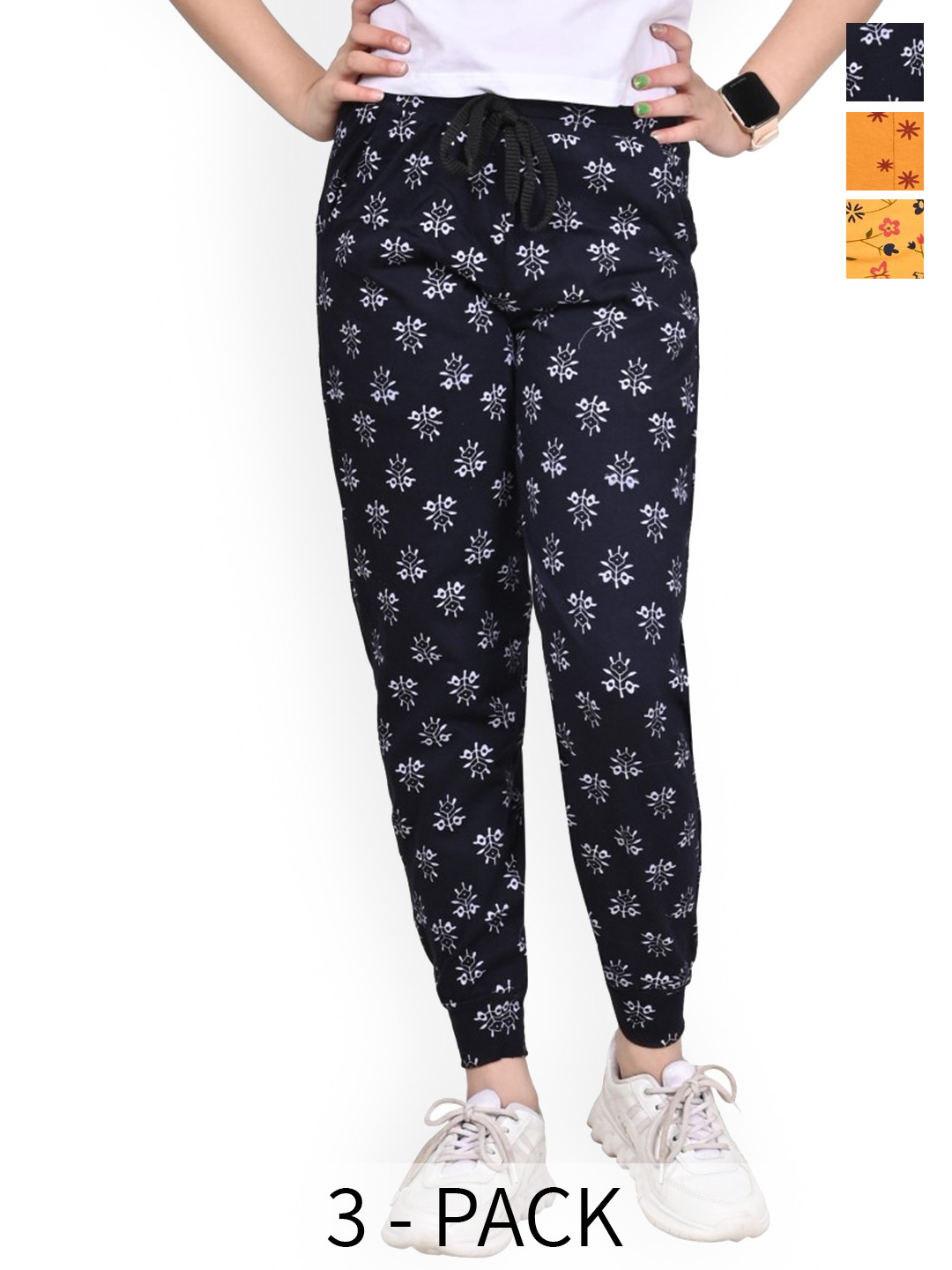 

BAESD Girls Pack of 3 Floral Printed Mid-Rise Pure Cotton Joggers Track Pants, Yellow