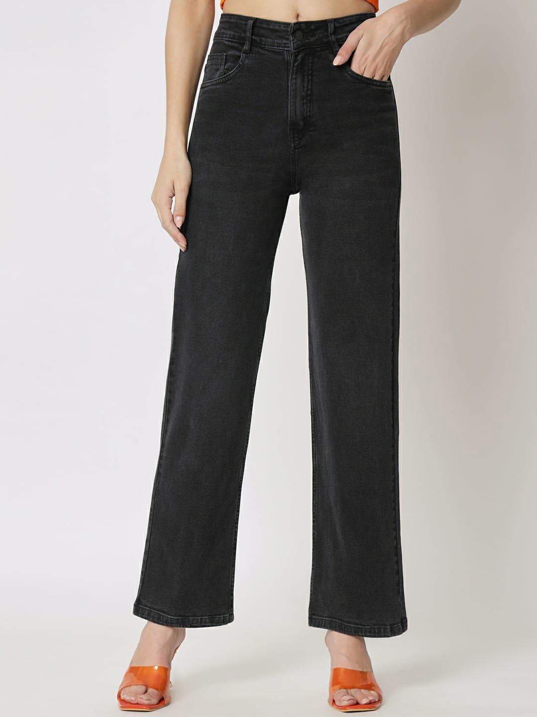 

FASHIONFIBRE Women Straight Fit High-Rise Cotton Jeans, Black