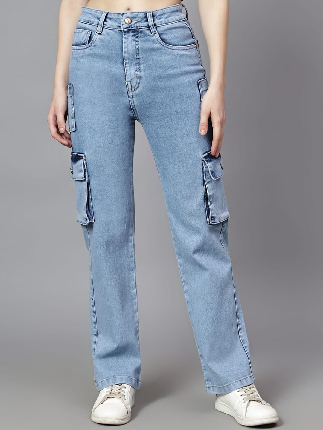 

FASHIONFIBRE Women Straight Fit High-Rise Clean Look Light Fade Cotton Jeans, Blue