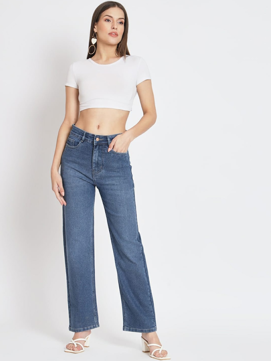 

FASHIONFIBRE Women Clean Look Medium Shade Light Fade Straight Fit High-Rise Cotton Jeans, Blue