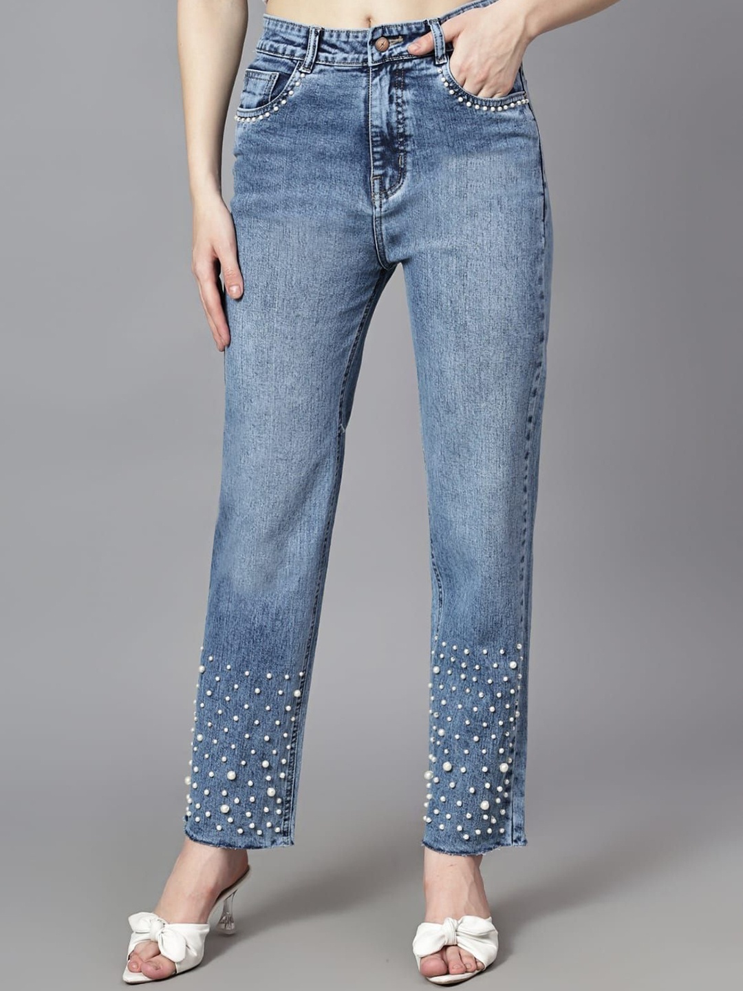 

FASHIONFIBRE Women Embellished Straight Fit High-Rise Heavy Fade Cotton Jeans, Blue