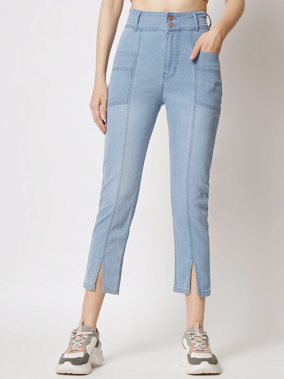 

FASHIONFIBRE Women Mom Fit High-Rise Clean Look Cotton Jeans, Blue