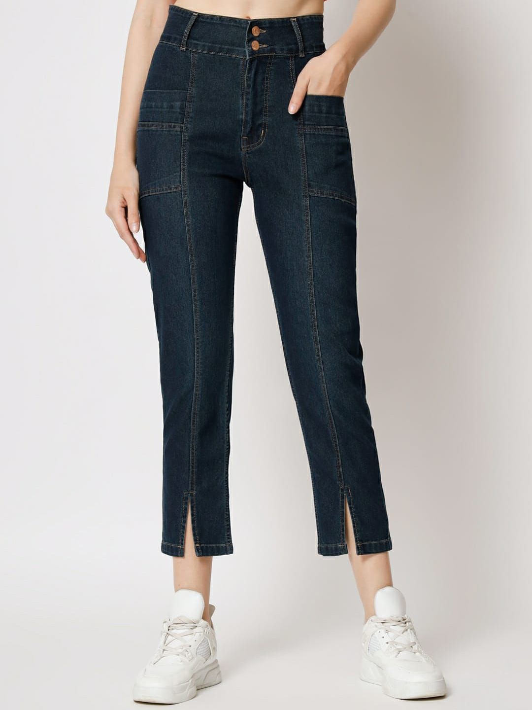 

FASHIONFIBRE Women Mom Fit High-Rise Clean Look Cotton Jeans, Blue