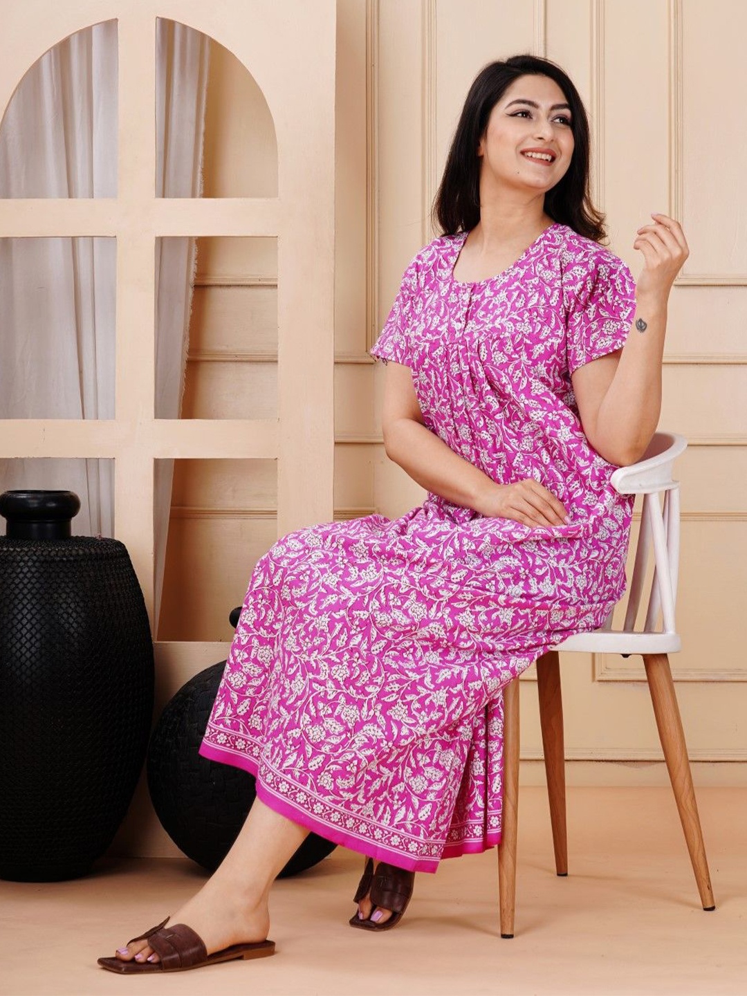 

MAYA PRINT Floral Printed Pure Cotton Maxi Nightdress, Pink