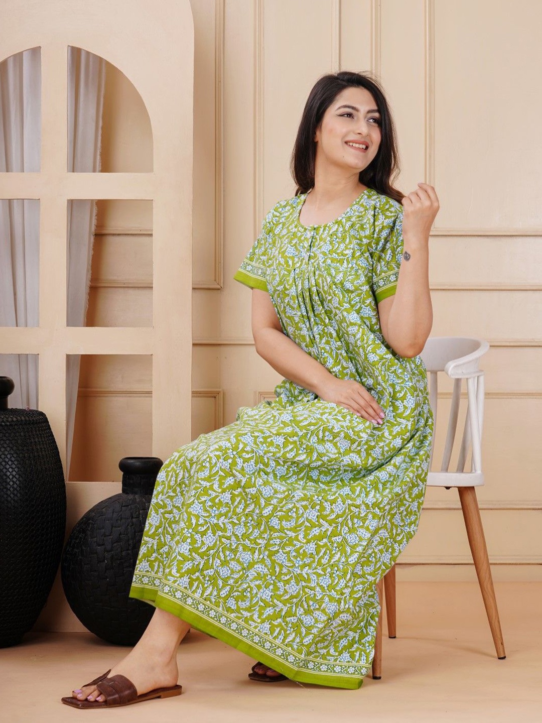 

MAYA PRINT Floral Printed Pure Cotton Maxi Nightdress, Green
