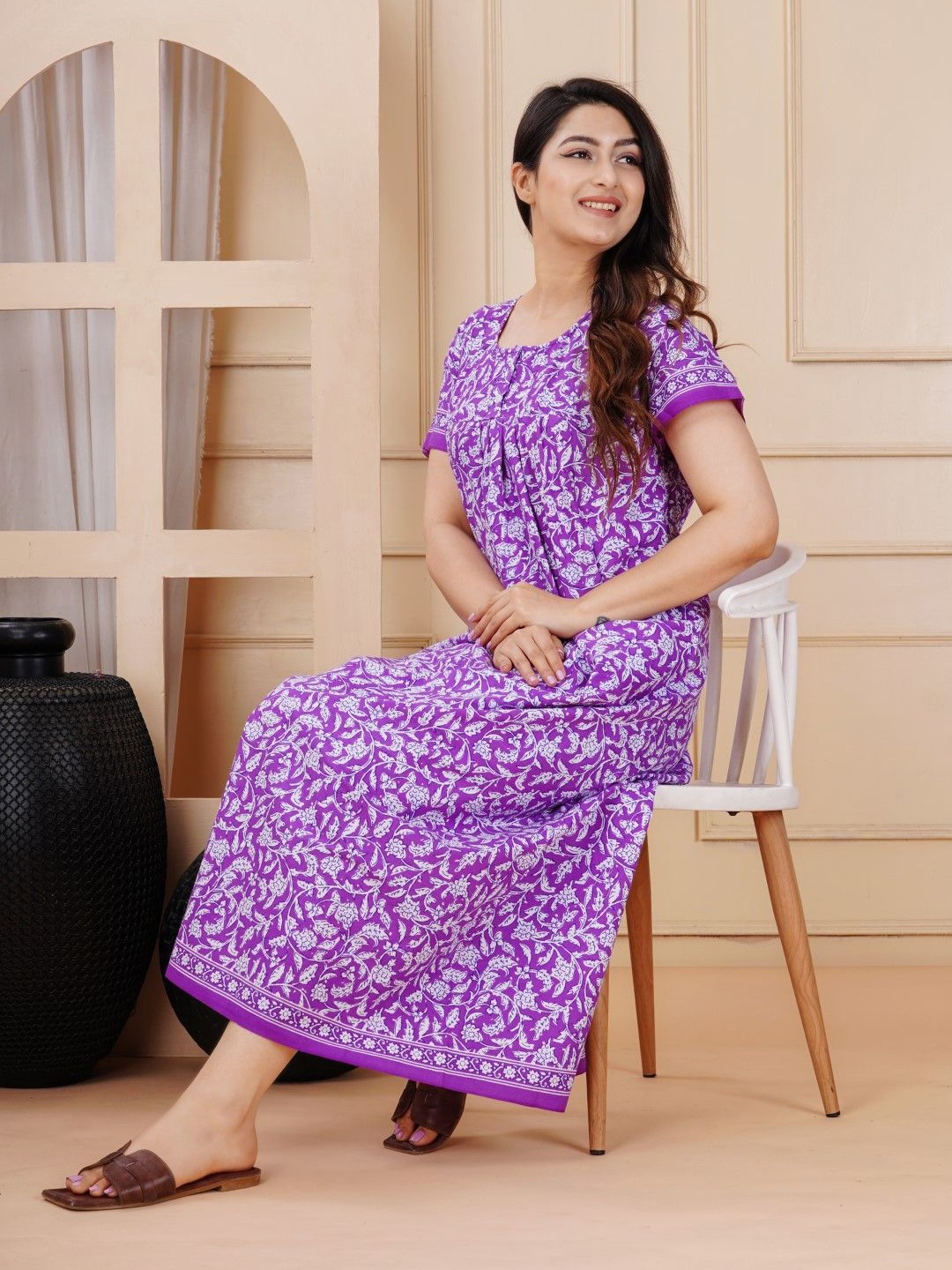 

MAYA PRINT Floral Printed Pure Cotton Maxi Nightdress, Purple