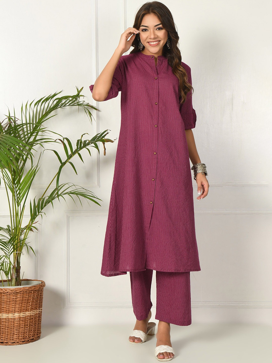 

KALINI Striped Regular Thread Work Pure Cotton A-line Kurta With Pyjamas, Maroon