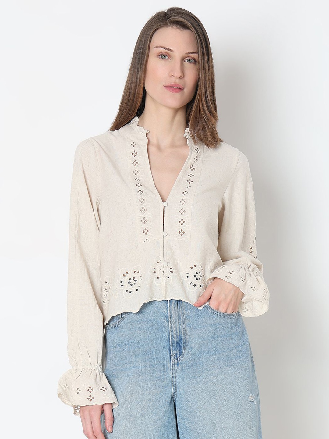 

Vero Moda Floral Self Design Bell Sleeves Schiffli Cotton Linen Top, Beige