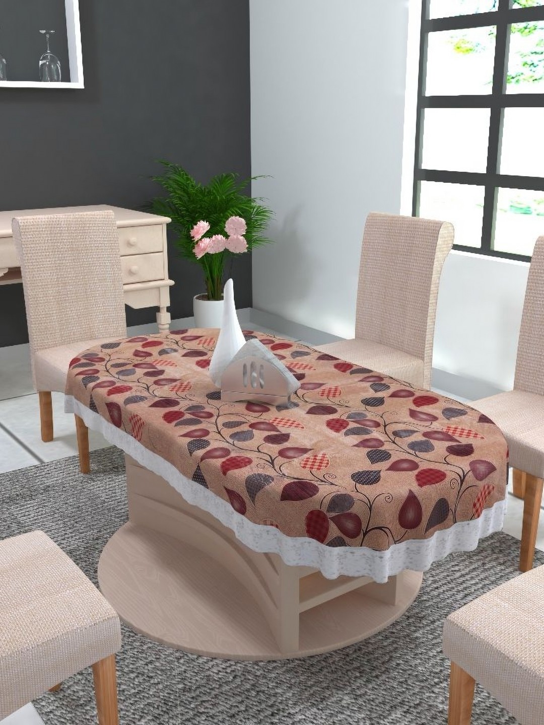 

TANLOOMS Peach-Coloured Floral Waterproof Oval 6-Seater Table Cover