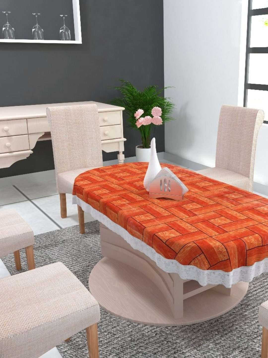 

TANLOOMS Orange Geometric Printed Waterproof Oval 6-Seater Table Cover