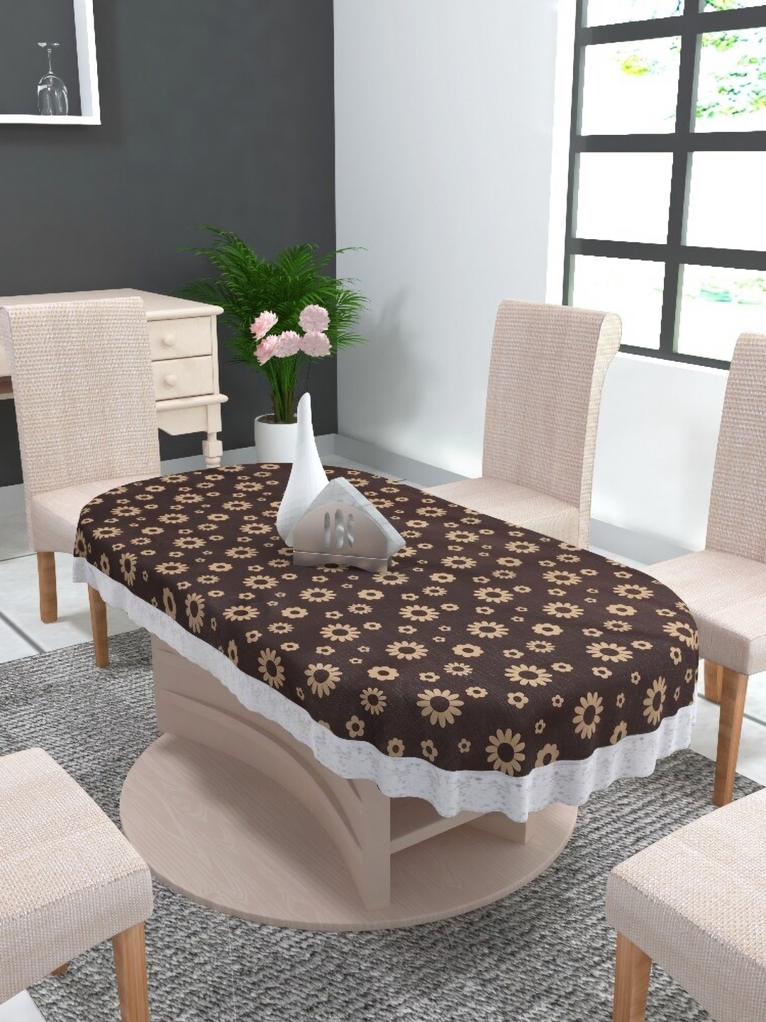 TANLOOMS Brown Floral Waterproof Oval 6-Seater Table Cover