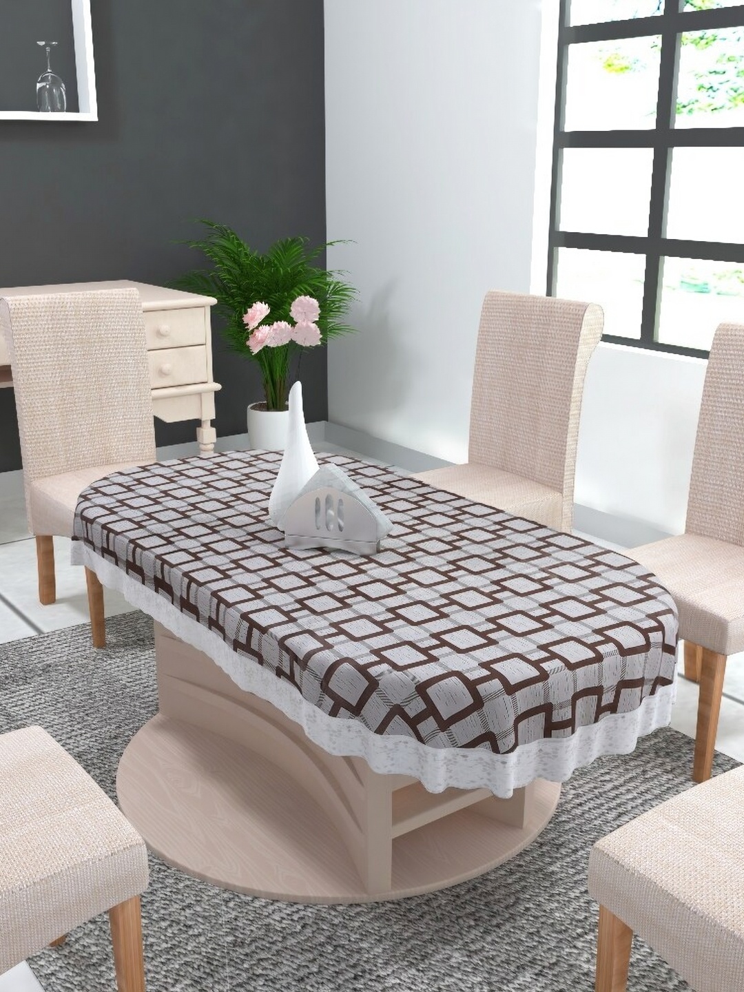 

TANLOOMS Grey Geometric Printed Waterproof Oval 8 Seater Table Cover