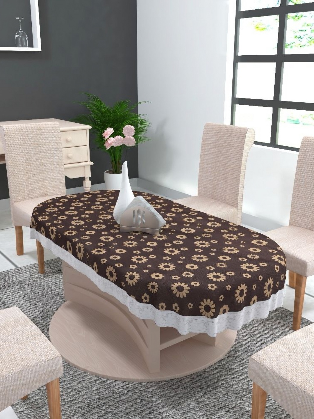 TANLOOMS Brown Floral Waterproof Oval 8-Seater Table Cover