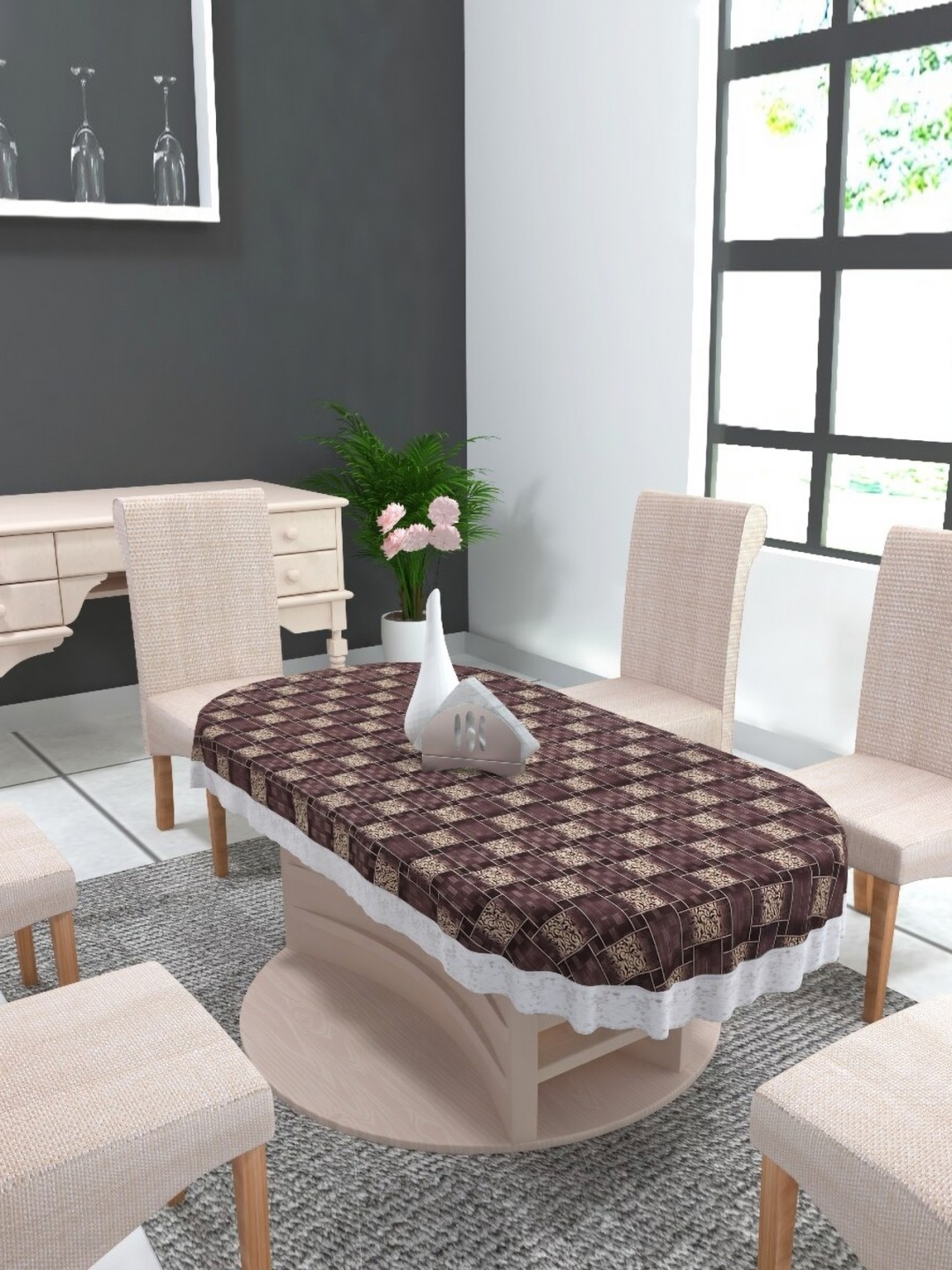 

TANLOOMS Brown Geometric Printed Waterproof Oval 8-Seater Table Cover