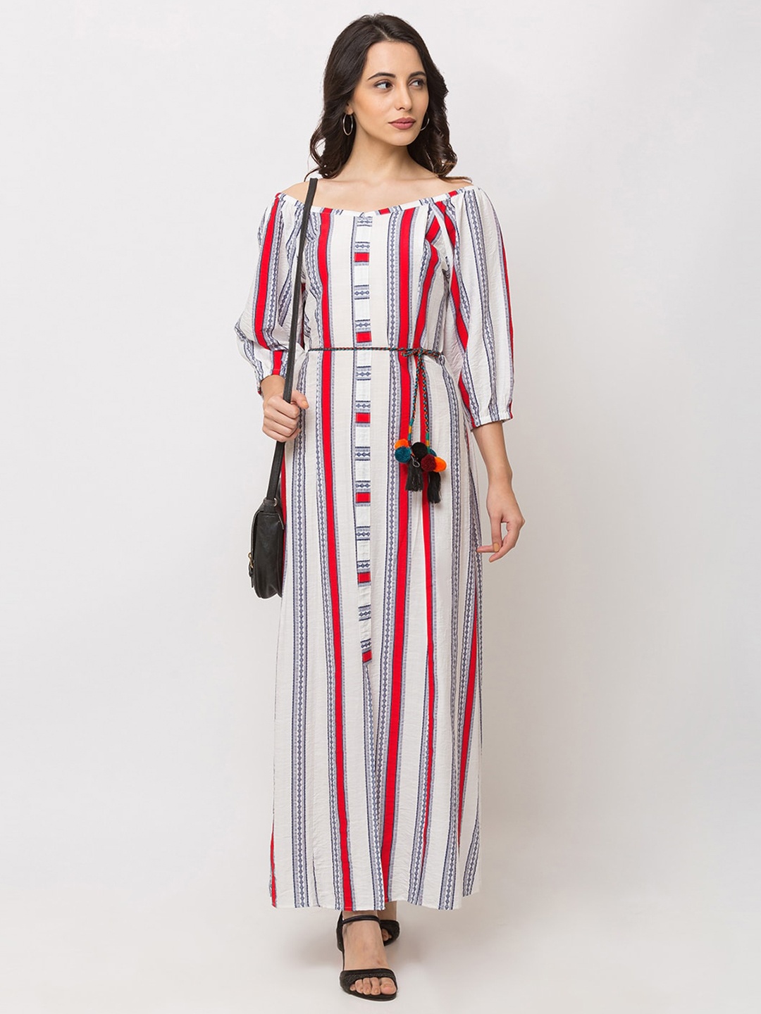 

SHECZZAR Women Striped Off-Shoulder Cotton Maxi Dress, White