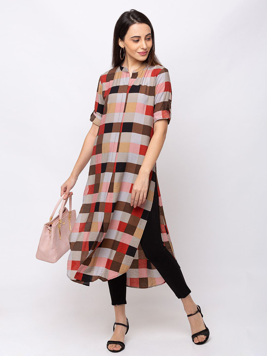 

SHECZZAR Checked Shirt Midi Dress, Brown