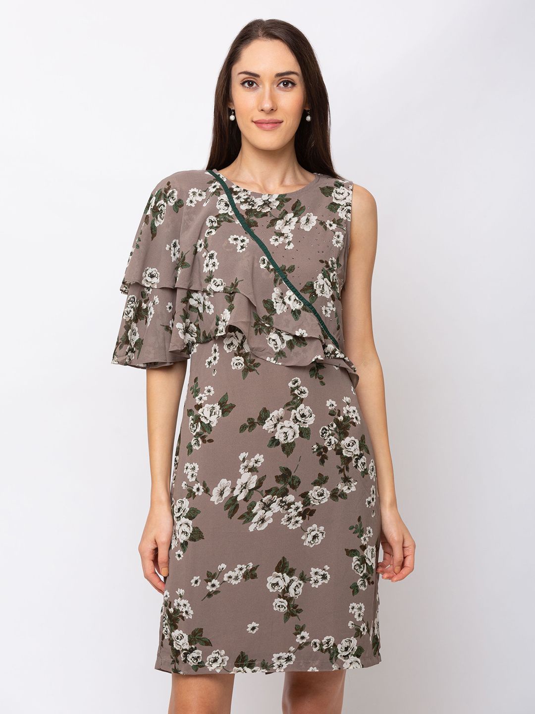

SHECZZAR Grey Floral Printed Flared Sleeve A-Line Dress