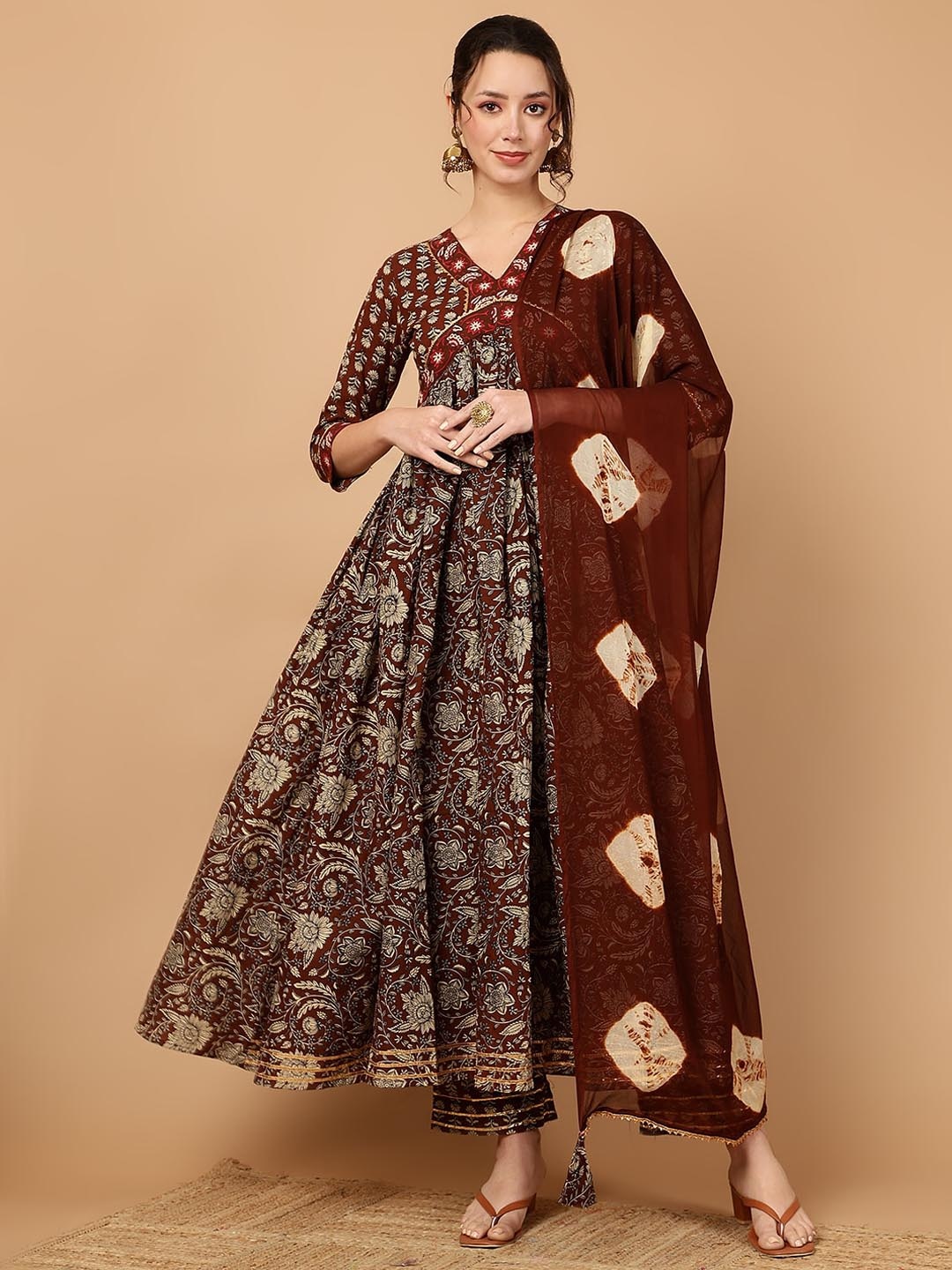 

WOMENCLICK Floral Printed V-Neck Empire Anarkali Kurta With Palazzos & Dupatta, Brown