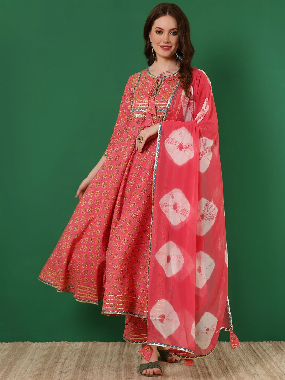 

WOMENCLICK Floral Printed Tie-Up Neck Gotta Patti Anarkali Kurta With Palazzos & Dupatta, Pink