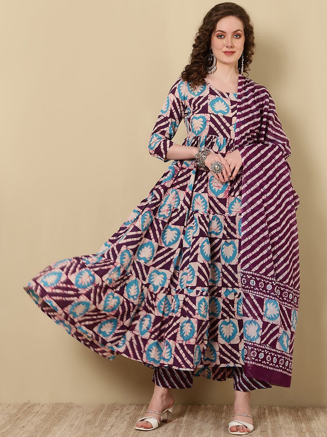 

WOMENCLICK Floral Printed Anarkali Tiered Kurta With Palazzos & Dupatta, Purple