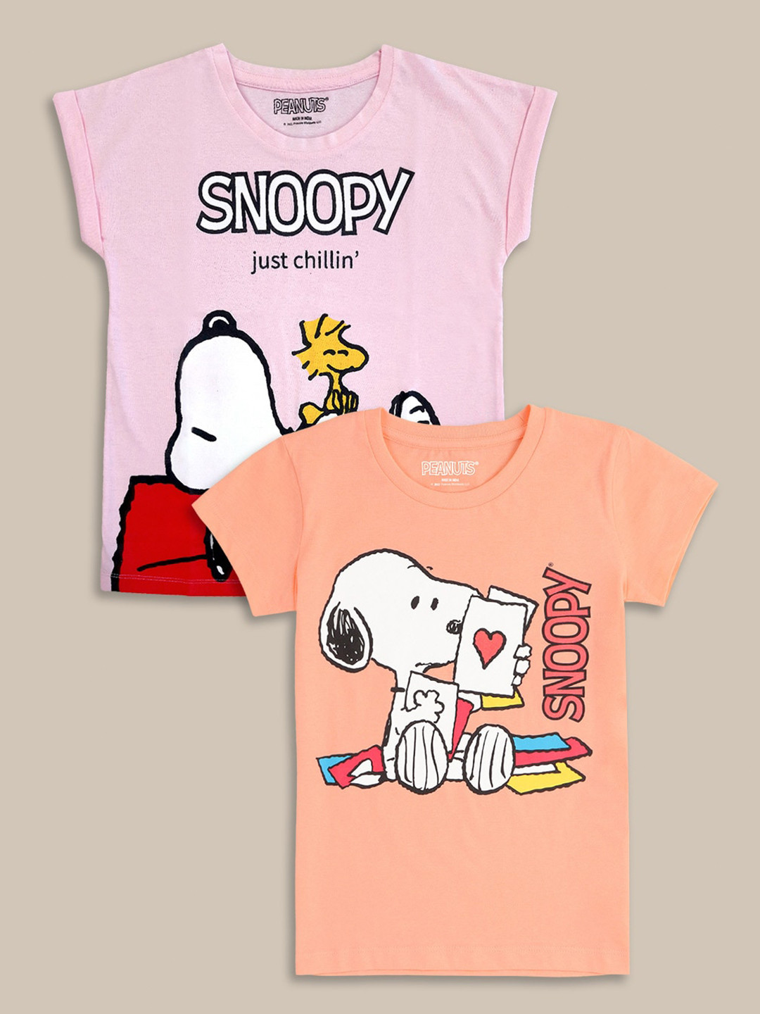 

Kids Ville Girls Pack Of 2 Snoopy Printed Pure Cotton Tshirts, Pink