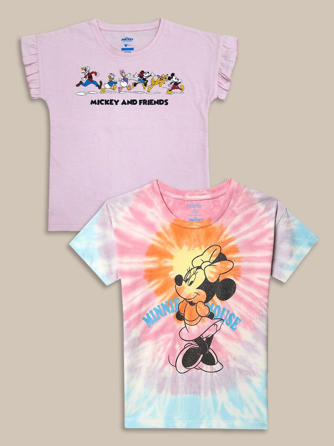 

Kids Ville Girls Pack of 2 Mickey & Friends Printed Pure Cotton Round Neck T-shirts, Lavender