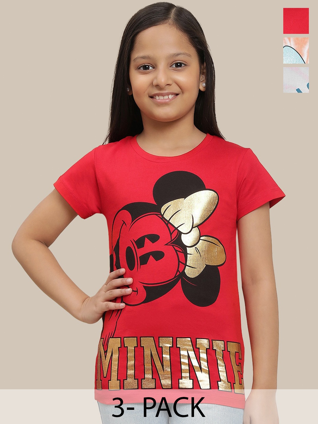 

Kids Ville Girls Pack Of 3 Mickey & Friends Printed Pure Cotton T-Shirts, Red