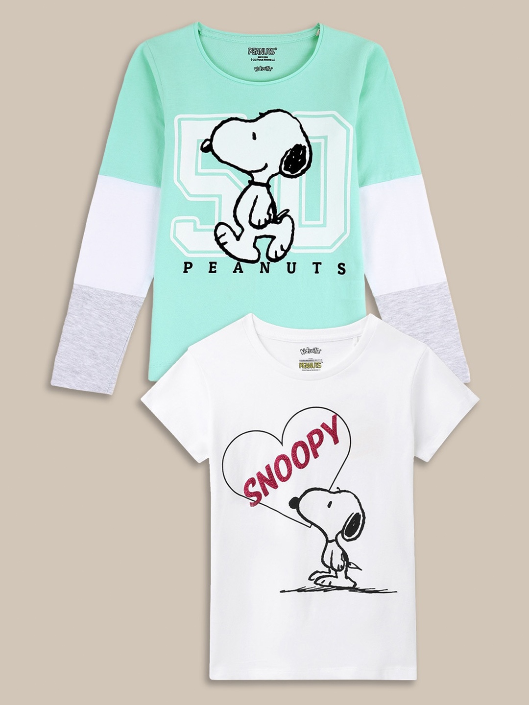 

Kids Ville Girls Pack of 2 Peanuts Printed Pure Cotton Round Neck Tshirts, White