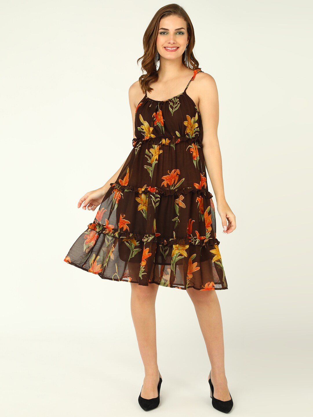 

DODO & MOA Brown Floral Printed Georgette Fit & Flare Dress
