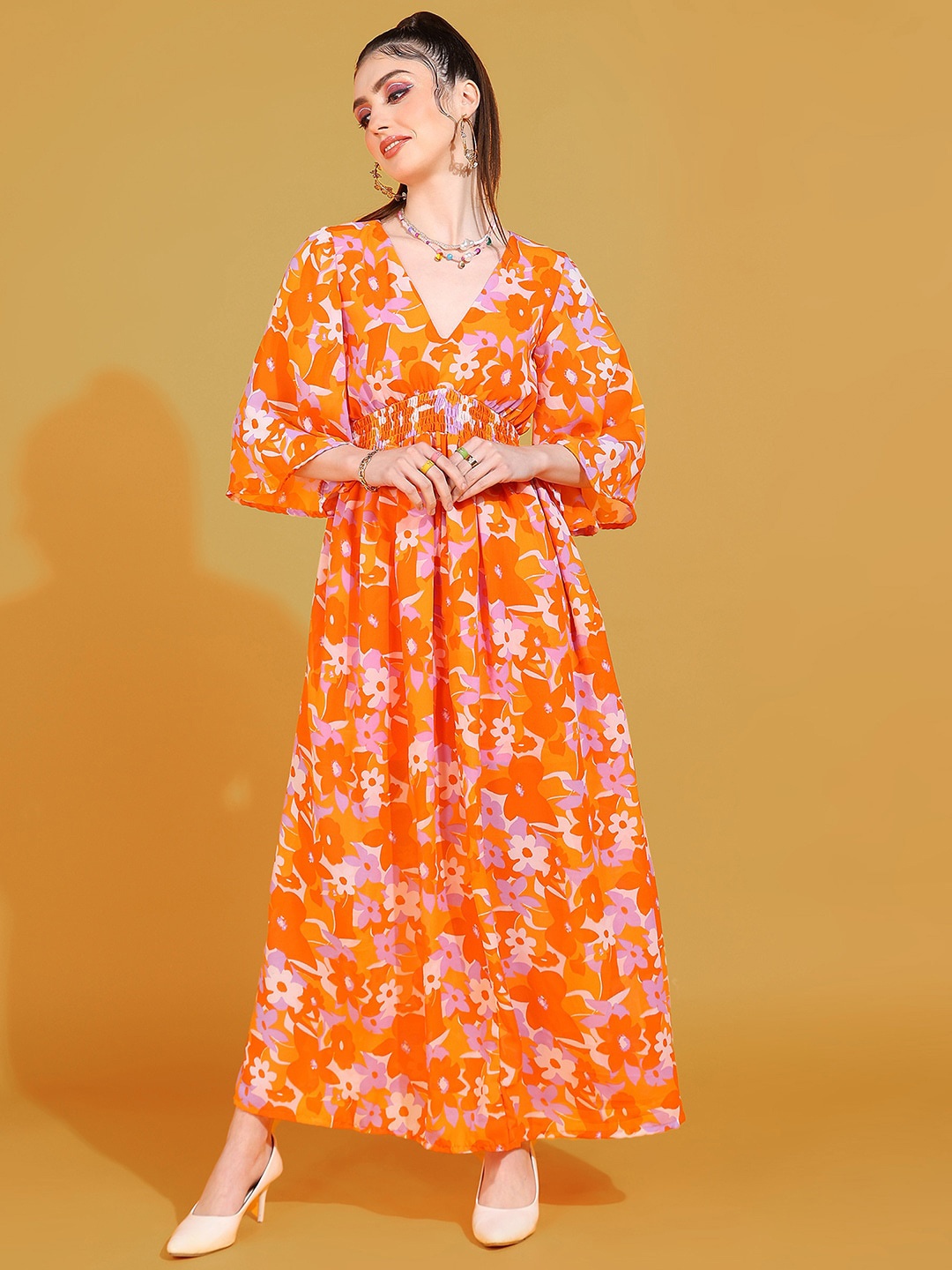 DODO & MOA Orange Floral Printed Georgette Maxi Dress