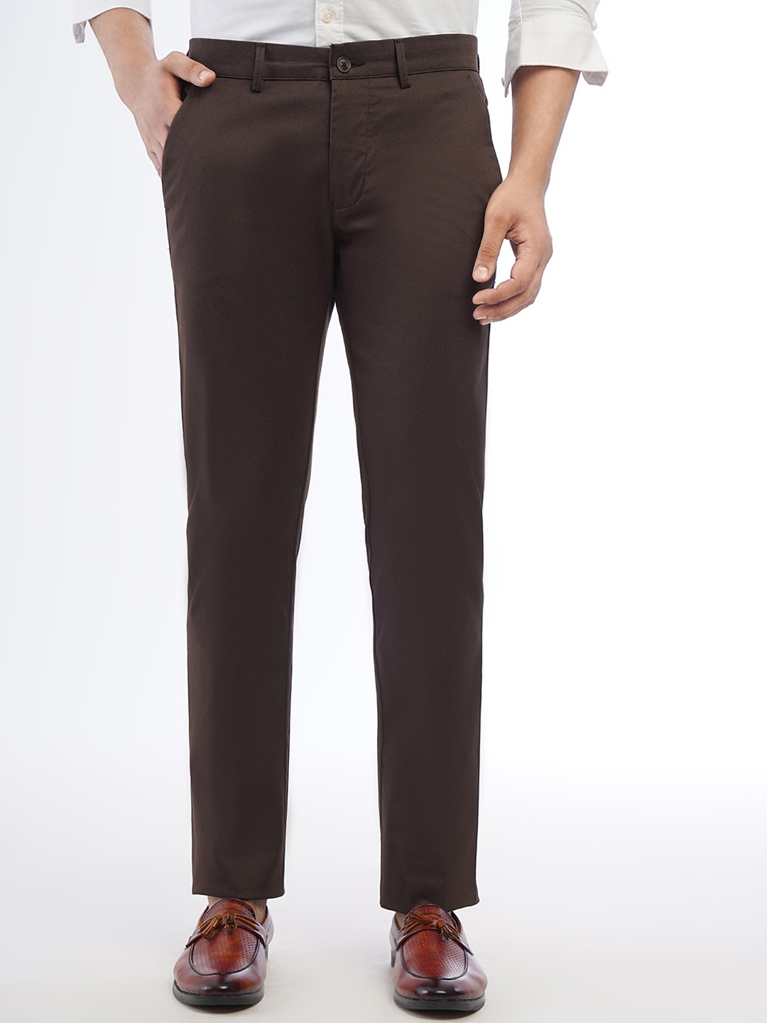 

Greenfibre Men Mid-Rise Zip Flat-Front Cotton Slim Fit Trouser, Brown