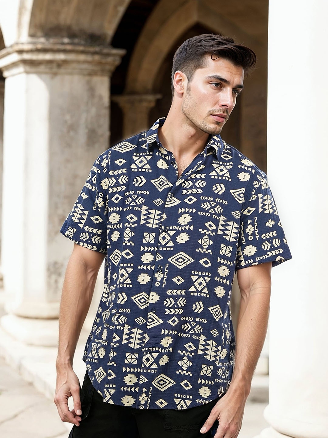 

Celio Classic Abstract Printed Spread Collar Cotton Shirt, Navy blue