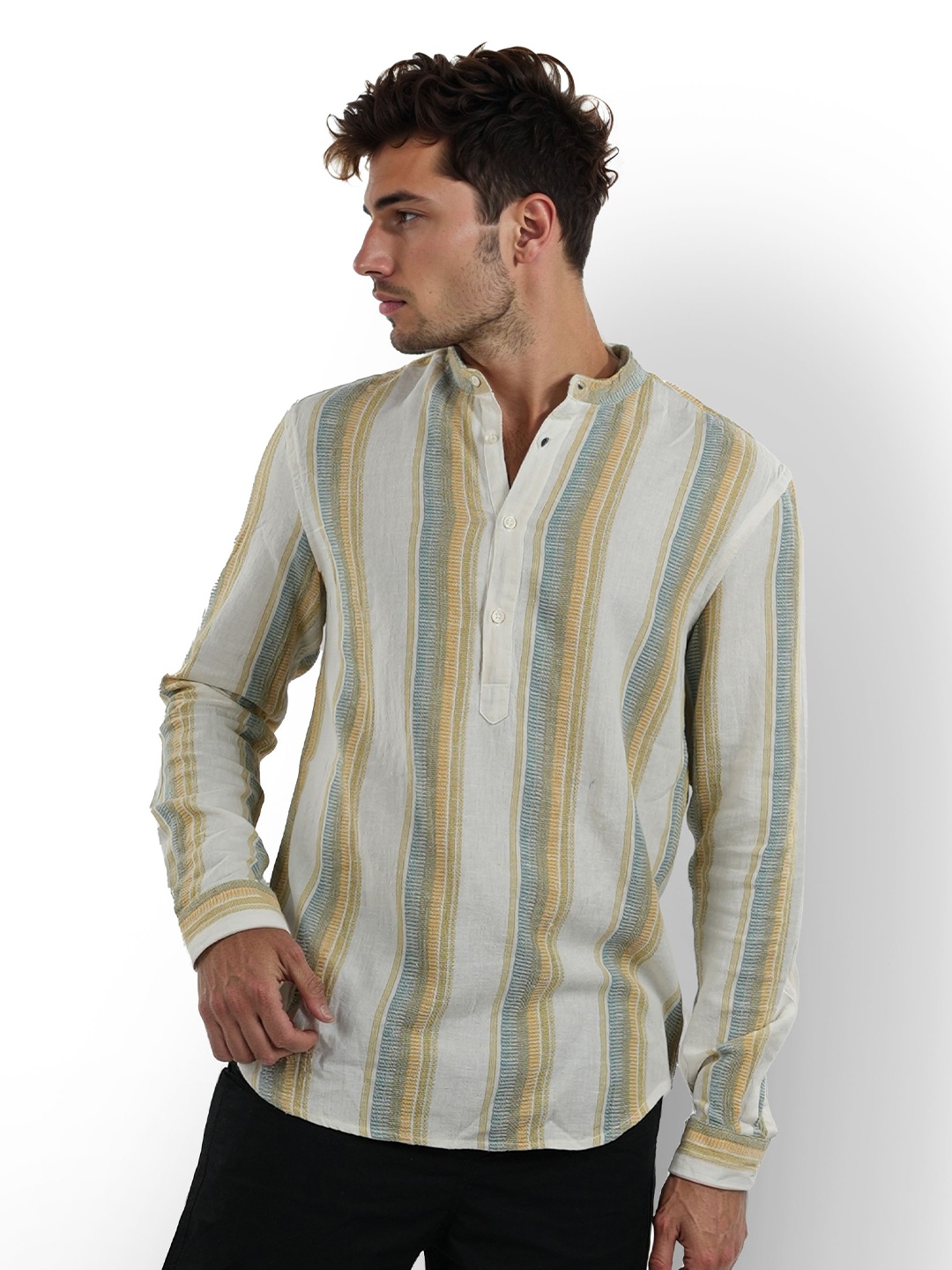 

Celio Classic Striped Mandarin Collar Cotton Shirt, Beige