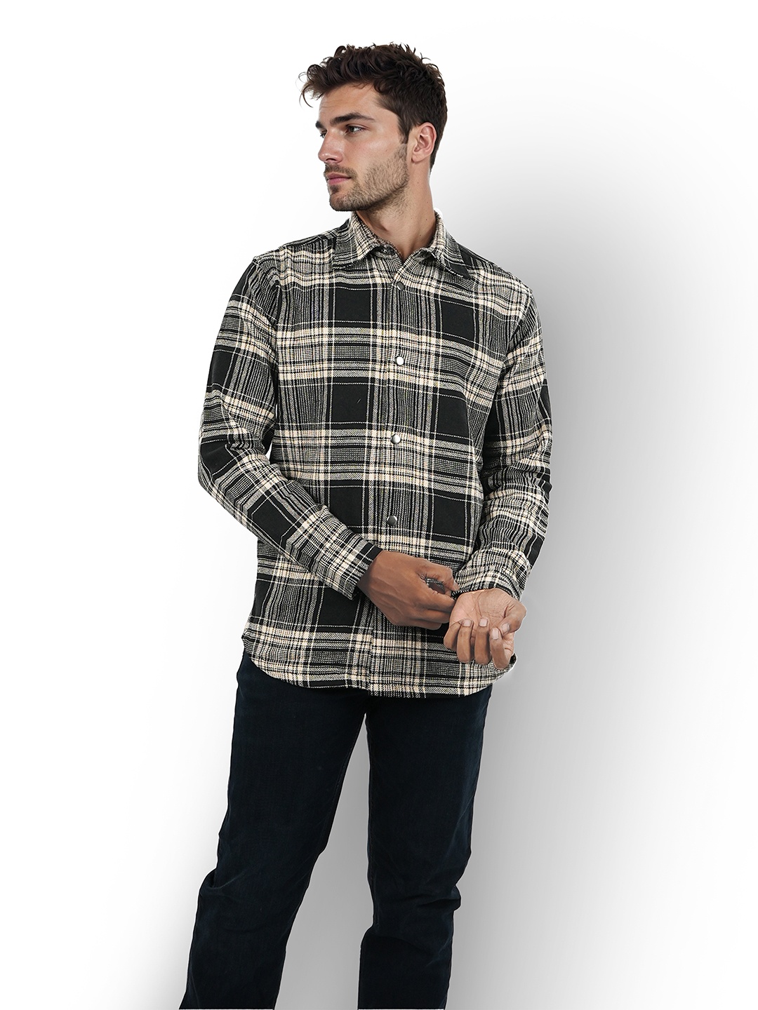 

Celio Classic Oversized Tartan Checked Spread Collar Cotton Shirt, Black