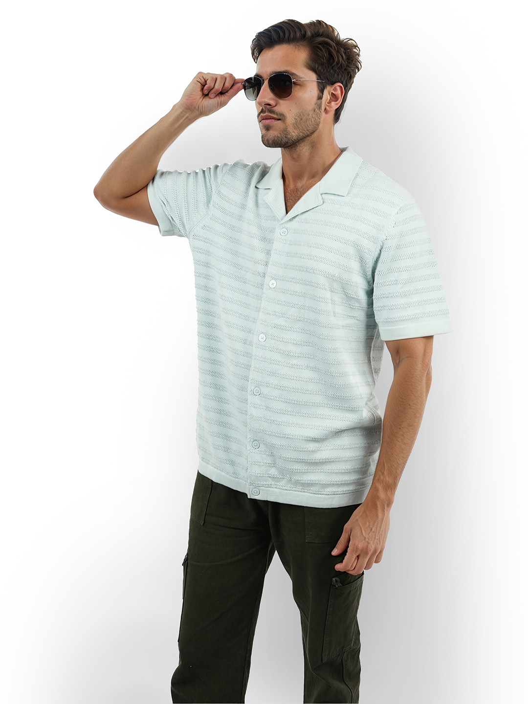 

Celio Classic Horizontal Striped Cuban Collar Cotton Shirt, Green