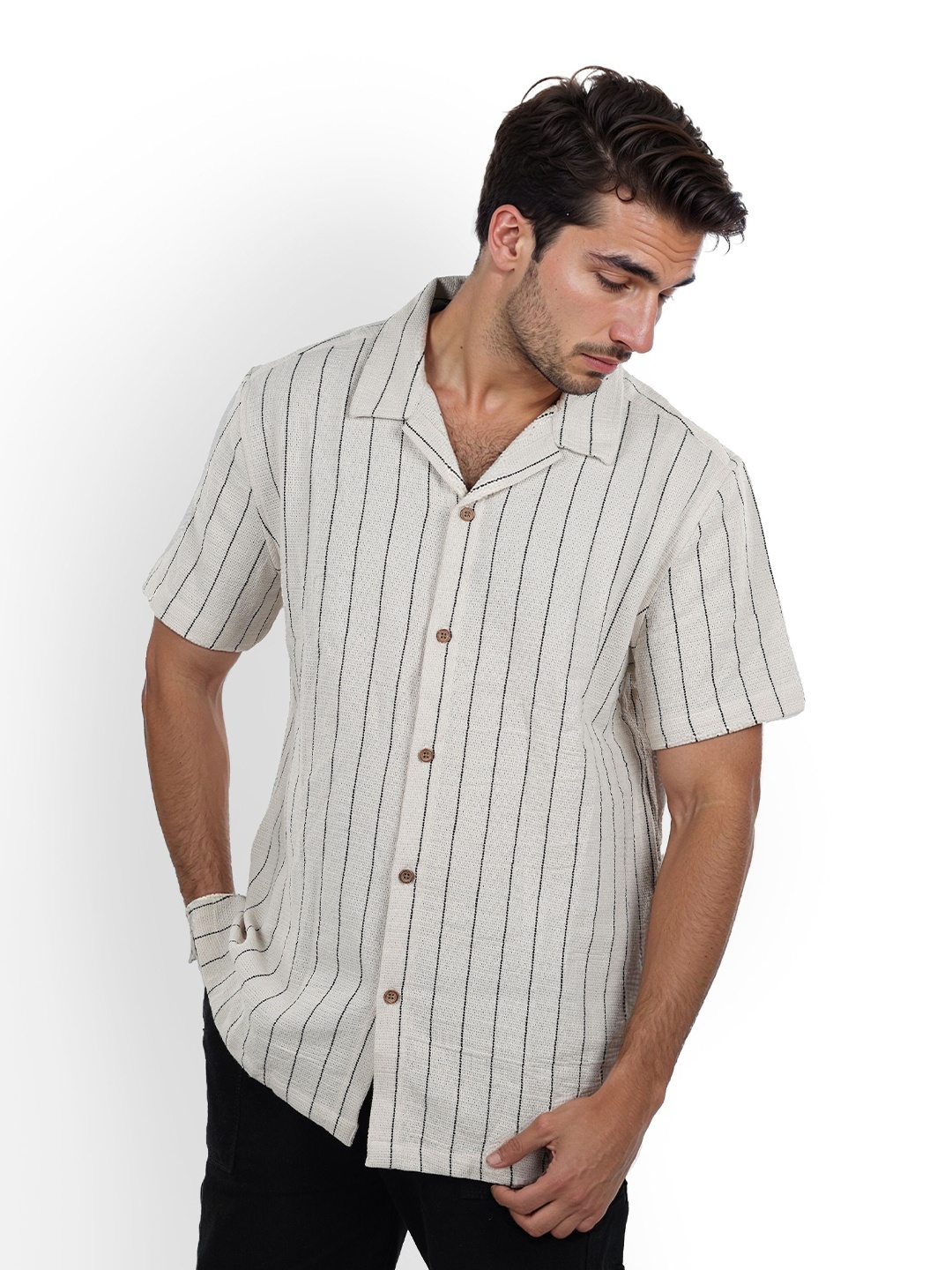 

Celio Classic Striped Cuban Collar Cotton Shirt, Beige