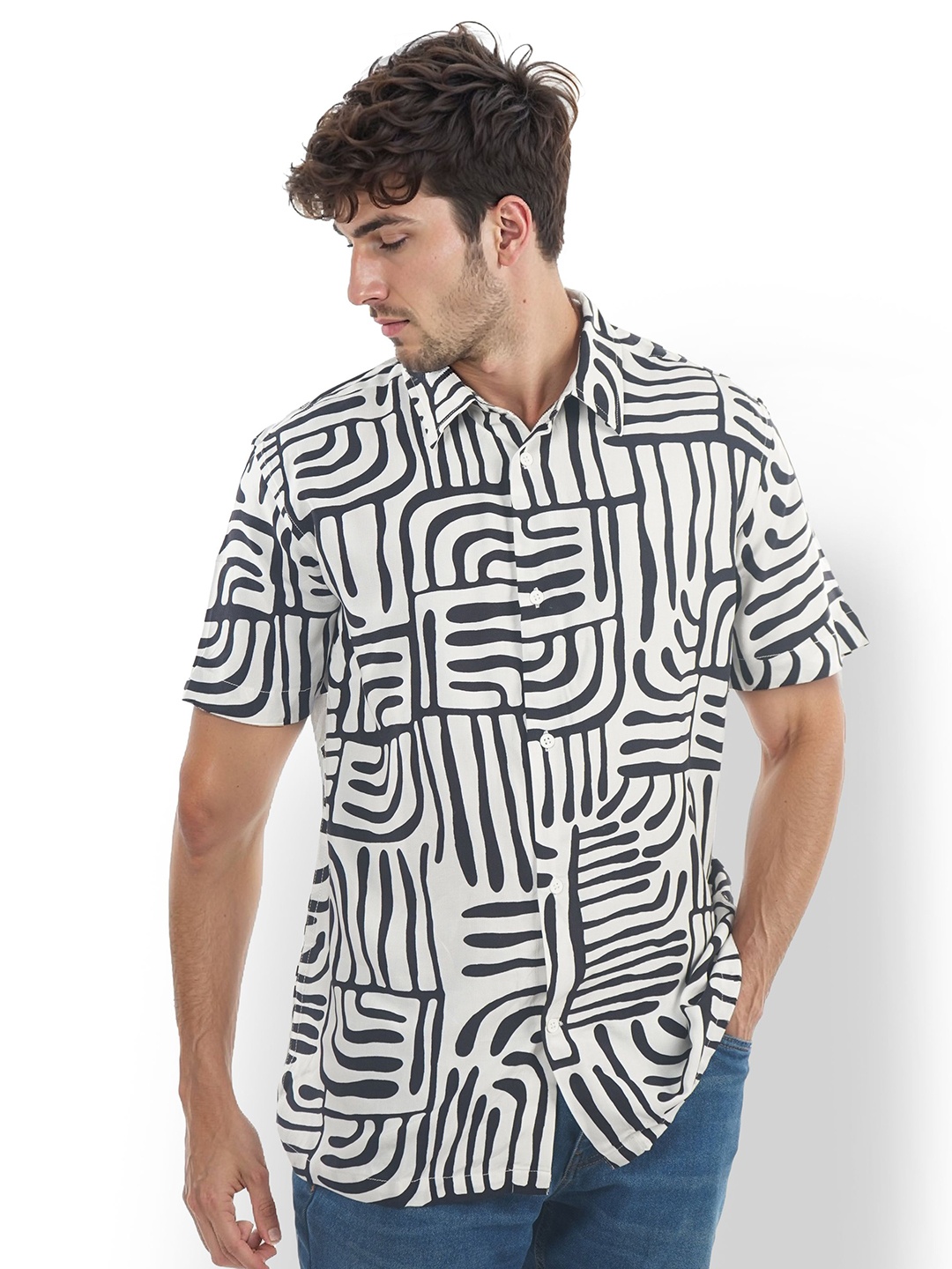 

Celio Classic Abstract Printed Spread Collar Shirt, Beige